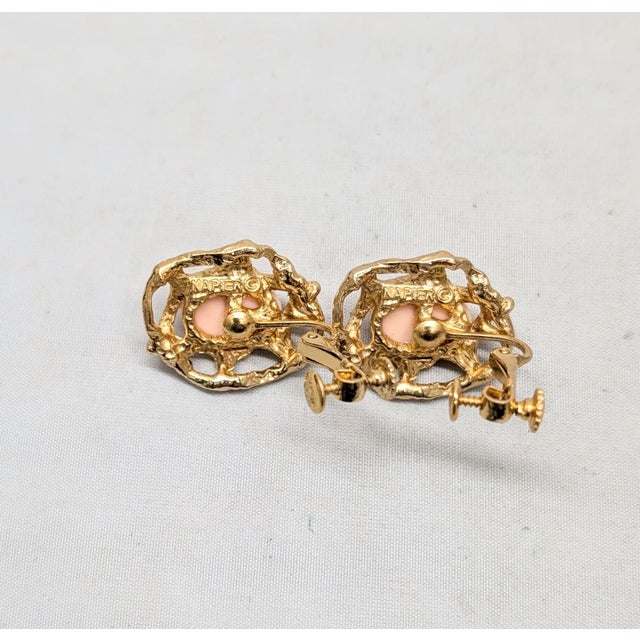 Vintage 1973 Signed Napier Modernist Goldtone Faux-Coral Cabochon Clip Earrings - 2 Pieces For Sale In Philadelphia - Image 6 of 7