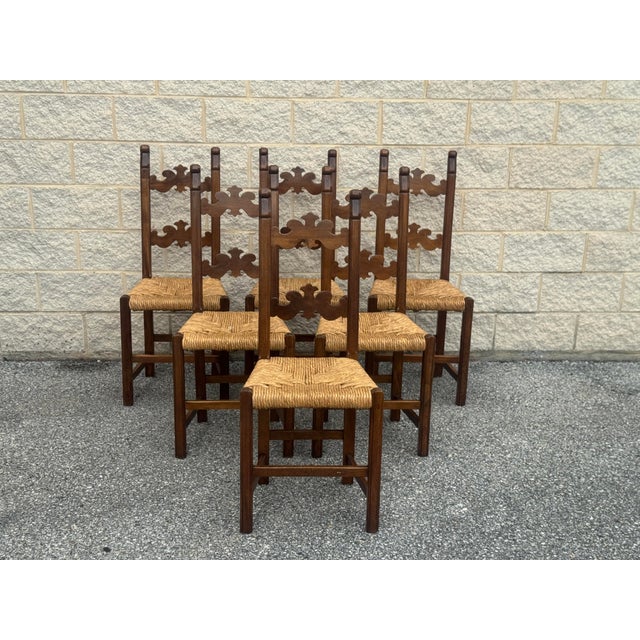 Italian Vintage Italian Carved Walnut Rush Seat Dining Chairs – Set of 6 For Sale - Image 3 of 12