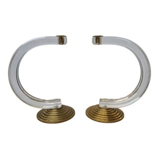 Vintage 1980's Postmodern Curved Lucite and Brass Candle Holders- a Pair For Sale
