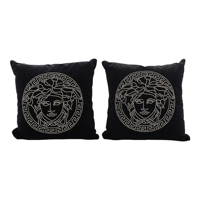 Versace Home Medusa Studded Black Velvet Pillows – Pair (17.7”) For Sale