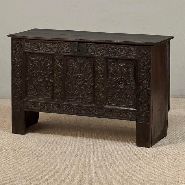 Gothic 18th Century Dutch Gothic Revival Period Carved Oak Trunk ~ Blanket Chest For Sale - Image 3 of 18