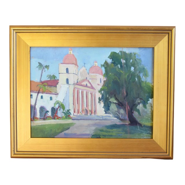 Santa Barbara Mission Church Landscape by Listed Artist Silvio Silvestri Oil Painting Including the Antiqued Gold Wood Frame For Sale