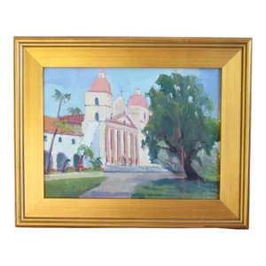 Santa Barbara Mission Church Landscape by Listed Artist Silvio Silvestri Oil Painting Including the Antiqued Gold Wood Frame