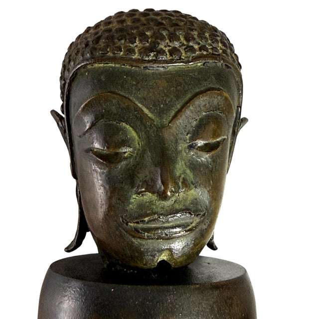 19th Century Thai Patinated Bronze Buddha Head on Plinth - Trace Gilding For Sale - Image 11 of 12