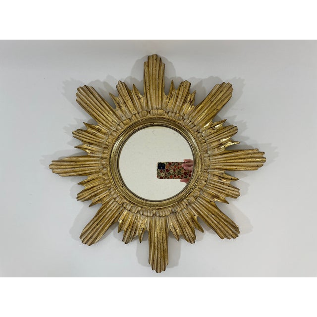 Vintage 16" Gilded Sunburst Wall Mirror With Light Cream Wash For Sale - Image 4 of 15