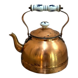 1930s-40s Copper Tea Kettle W/ Blue/White Ceramic Detail For Sale