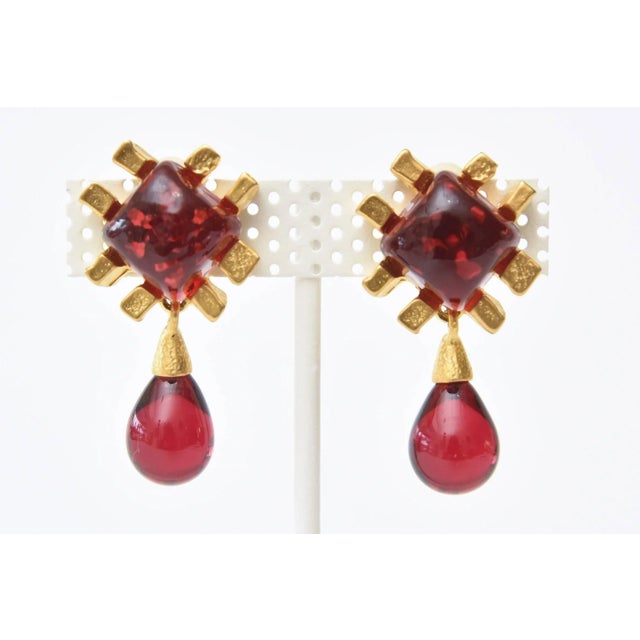 Metal Andrew Springarn Red Gripoix Glass & Gold Plated Clip on Dangle Earrings - 2 Pieces For Sale - Image 7 of 9
