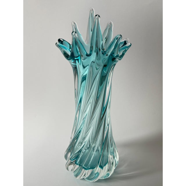 Modern Vintage Aquamarine Bohemian Art Glass Sculptural Vase from Egermann, 1980s For Sale - Image 3 of 15