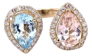 3.34 Carat Pink Morganite Aquamarine Diamond Yellow Gold Cocktail Ring, Size 7