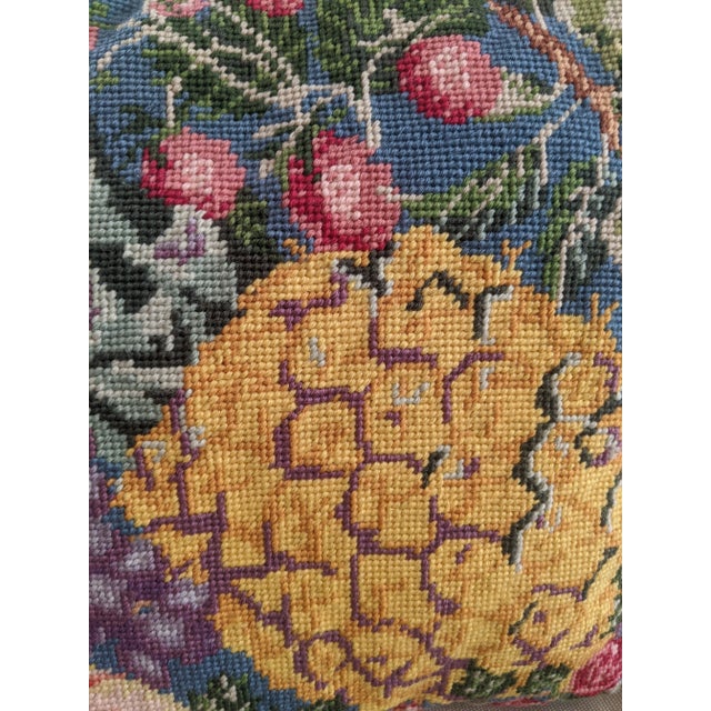 Cornflower Blue Vintage Mid Century Horticulture Tropical Fruit Needlepoint Tapestry Pillows -a Pair For Sale - Image 8 of 12