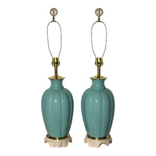 1970s Blue-Green Ginger Jar Table Lamps With Brass Accents - a Pair For Sale