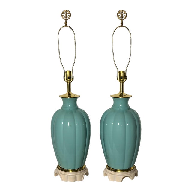 1970s Blue-Green Ginger Jar Table Lamps With Brass Accents - a Pair For Sale