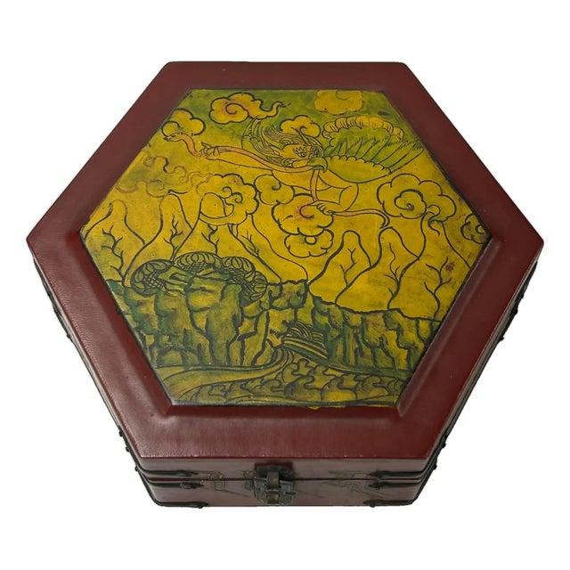 Oriental Hexagonal Red Color Mythical Figure Drawing Accent Box For Sale