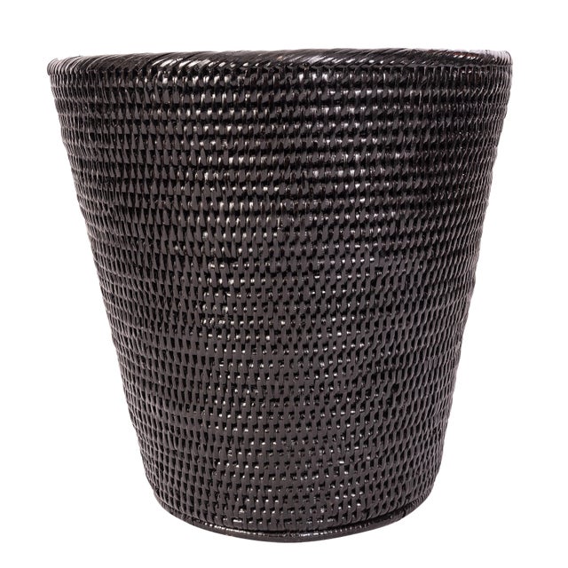 Boho Chic Artifacts Rattan Round Tapered Waste Basket with Metal Liner For Sale - Image 3 of 3