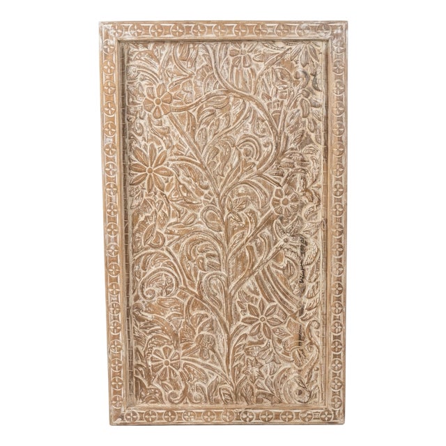 Whitewashed Carved Wood Tree of Life Wall Panel – Rustic Floral Barn Door Art For Sale