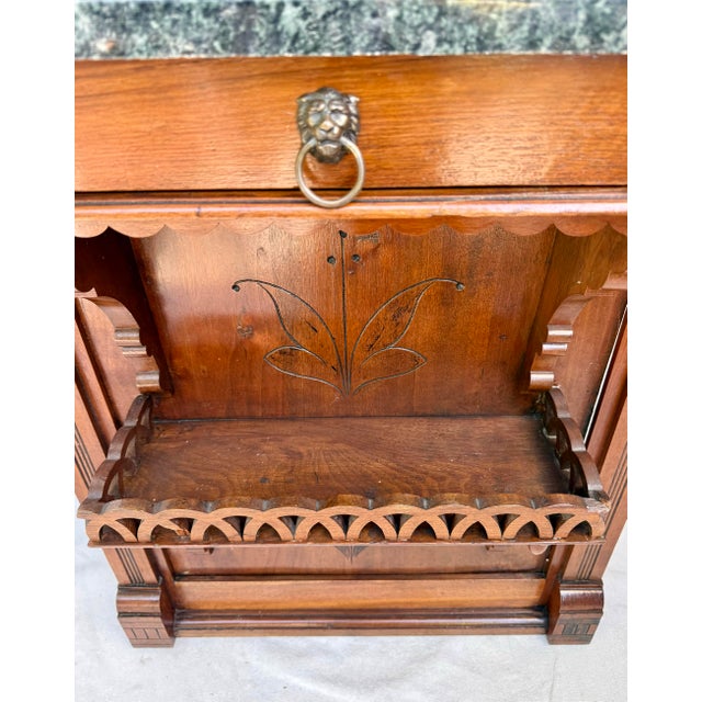 1880s Eastlake Aesthetic Movement Walnut Hall Mirror With Marble Shelf & Drawer For Sale - Image 4 of 16