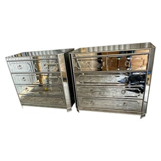 Restoration Hardware Mirrored 5 Drawer Night Stand Pair Art Deco Style For Sale