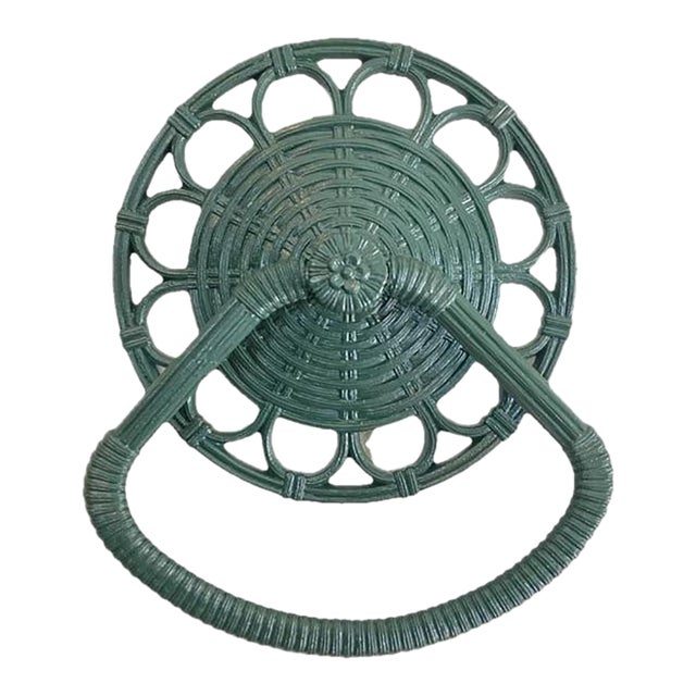 Vintage Faux Rattan Emerald Green Homco Wall Mounted Ring Towel Holder, Towel Hanger, Bathroom Accessories For Sale