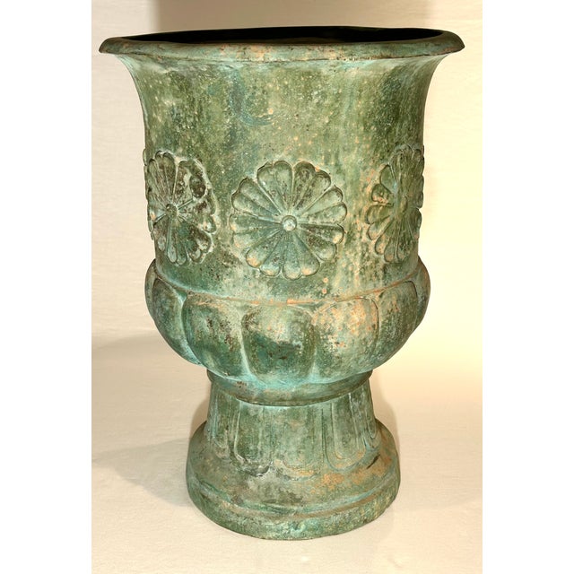 Large Vintage c.1996 Aged Verdigris Patina Brass Flower Motif Urn Weight: 33lbs.