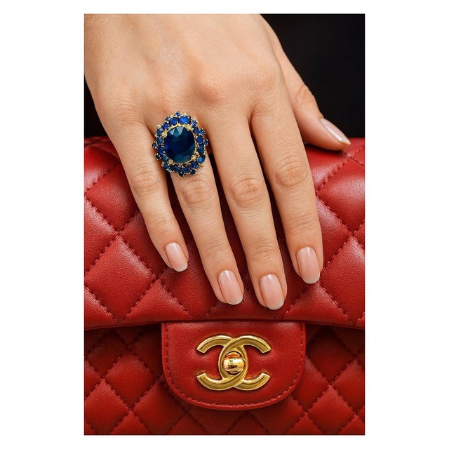 Bochic "Orient" Vintage Blue Sapphire & Diamond Cluster Ring Set 18K & Siver For Sale - Image 15 of 18