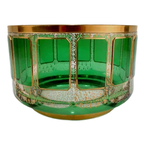 Vintage Moser Gilt Glass Bowl With Green Cabochons - Gl