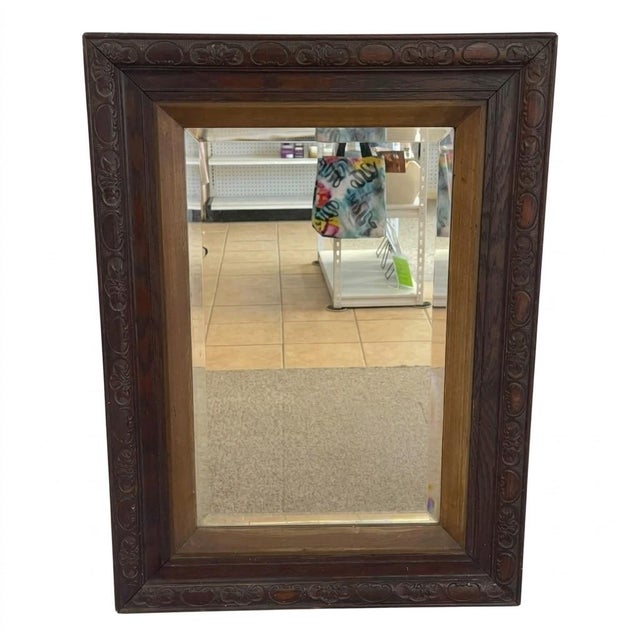 Victorian 1890s Uk Import Carved Oak Wall Mirror With Beveled Glass and Hanging Chain. For Sale - Image 4 of 10