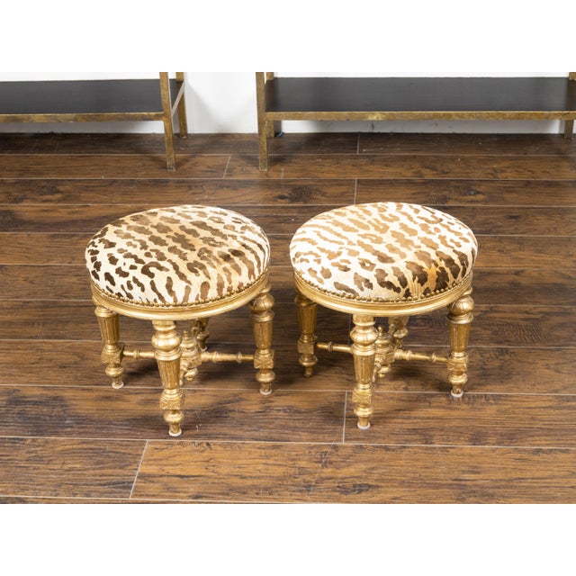 Pair of 19th Century French Giltwood Stools with Fluted Legs and Upholstery For Sale - Image 10 of 10