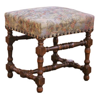 Mid-Century French Louis XIII Style Beechwood Upholstered Stool For Sale