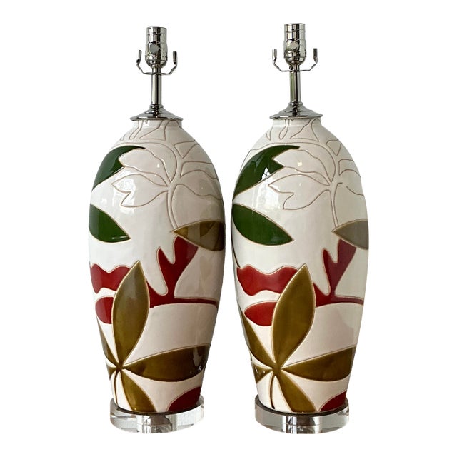 Vintage Boho Etched Glazed Ceramic Lamps - A Pair For Sale