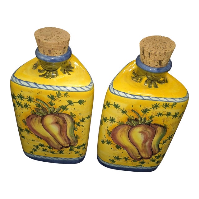 Hand-Painted Italian Ceramic Oil and Vinegar Bottles Fd For Sale