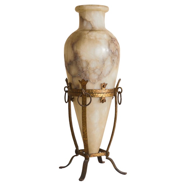 20th Century French Alabaster Vase + Gilt Metal Stand For Sale