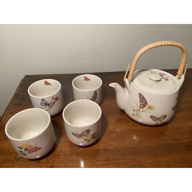 Japanese Vintage Takahashi San Francisco Hand-Decorated Dew Butterfly Floral Tea Set- 5 Pieces For Sale - Image 3 of 6