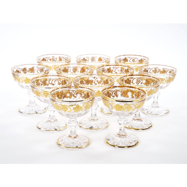Mid 20th Century Val Saint Lambert Set of 12 Gilt Gold-Decorated Champagne Coupe Glass Service For Sale - Image 5 of 13