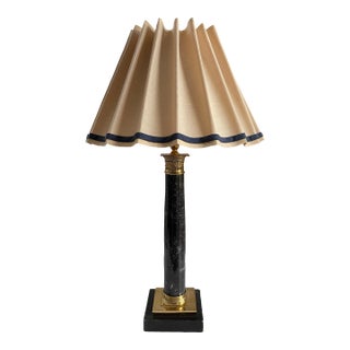Late 20th Century Black Marble Column Table/Desk Lamp With Pleated Shade and Gold Accents For Sale