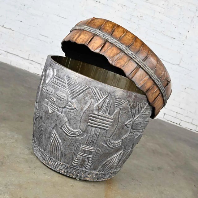 Slate Gray Island Style Boho Chic Resin Tiki Tribal Large Drum End or Accent Table Style of Casa Bique For Sale - Image 8 of 13