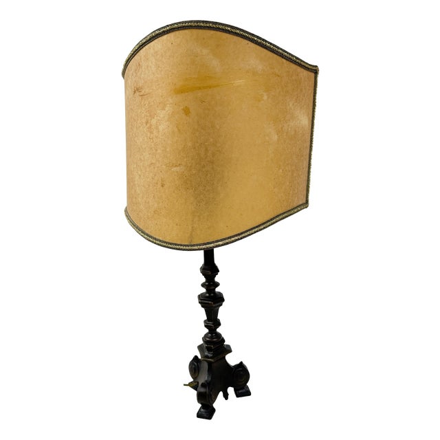 Antique Empire Style Bronze Table Lamp with Parchment Paper Shade, 1930s For Sale