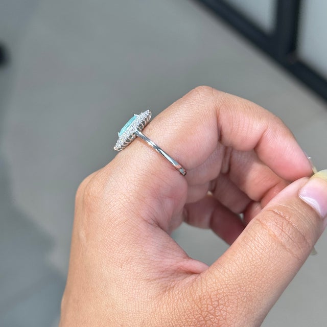 18k Gold Marquise Cut Paraiba Tourmaline Ring With Double Halo Diamonds Size 4 For Sale In New York - Image 6 of 18
