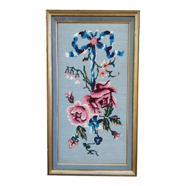 Mid 20th Century Floral With Roses Framed Needlepoint For Sale
