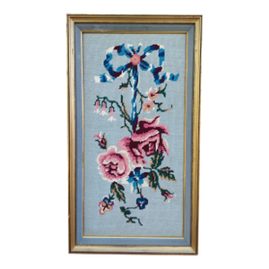 Mid 20th Century Floral With Roses Framed Needlepoint