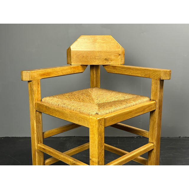 Postmodern Brutalist Dutch Oak Corner Chair with Rush Seat, 1970s For Sale - Image 14 of 18