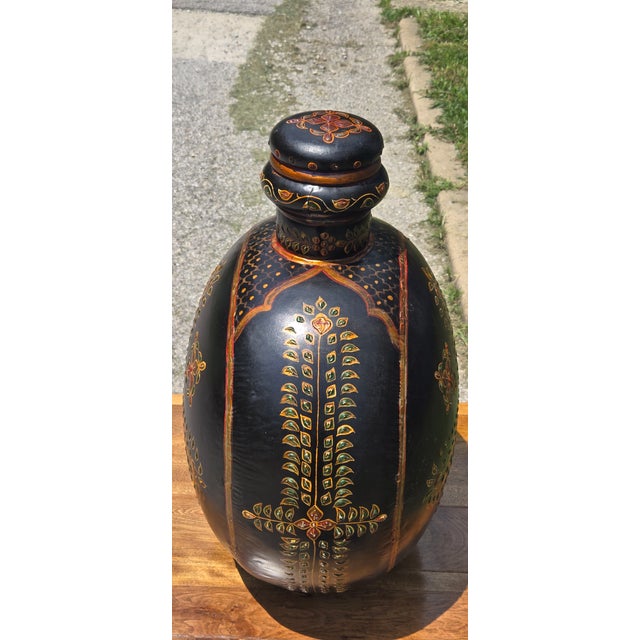 Vintage Hand-Painted Blackware Pottery Bottle Vase With Floral Folk Art Motif For Sale - Image 4 of 18