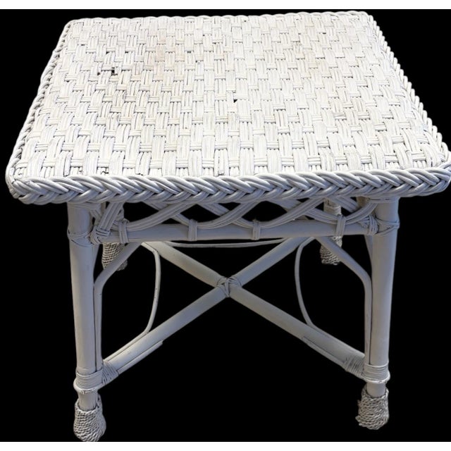 Coastal Vintage Palecek White Wicker & Rattan Boho Coastal Occasional Side Table For Sale - Image 3 of 11
