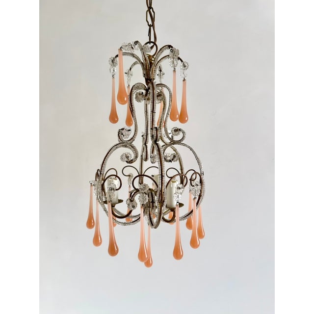 Venetian Style Beaded Brass Chandelier with Pink Murano Glass Drops, Italy, 1950s For Sale - Image 9 of 18