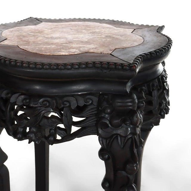 Wood Antique Chinese Carved Rosewood Rouge Marble Top Claw & Ball Foot Stand C1910 For Sale - Image 7 of 8