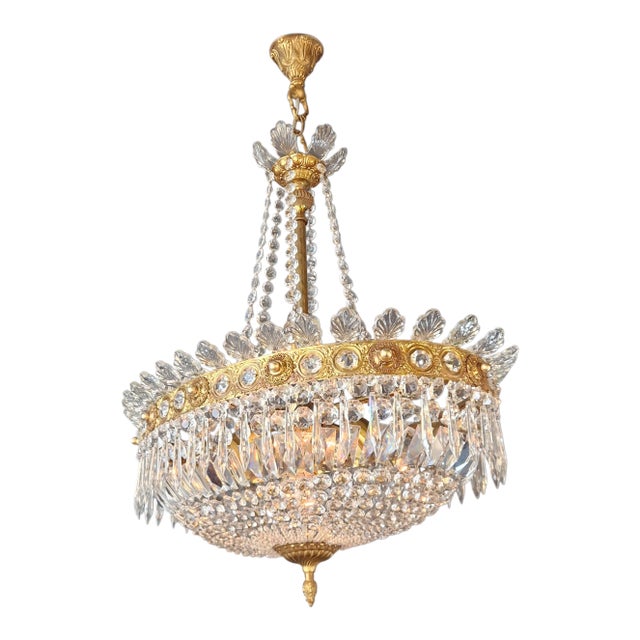 Antique Oval Empire Style Crystal Chandelier Brass Neoclassical Light Restored For Sale