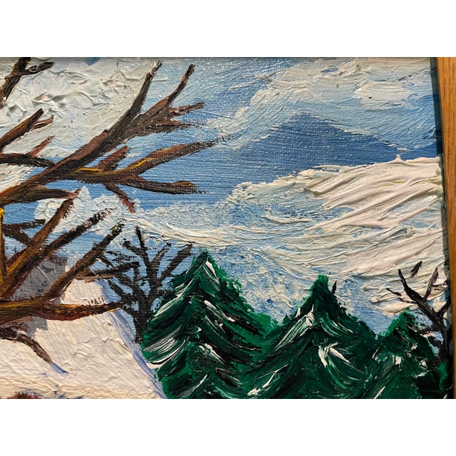 Traditional 1972 Covered Bridge in Winter Oil Painting For Sale - Image 3 of 6