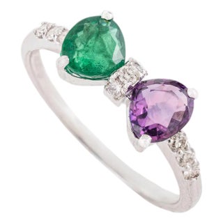 Geometric Emerald Amethyst & Diamond Two Stone Bow Ring Size 8 in 14k Gold For Sale