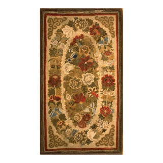 1880s Tan Ecru Rose Medallion Antique American Hooked Rug 3'3'' X 5' Woven Wool Carpet For Sale