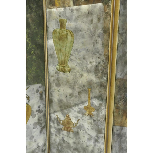 Antique Chinoiserie Oriental Eglomise Antiqued Mirror Glass 3 Panel Room Screen For Sale - Image 9 of 18