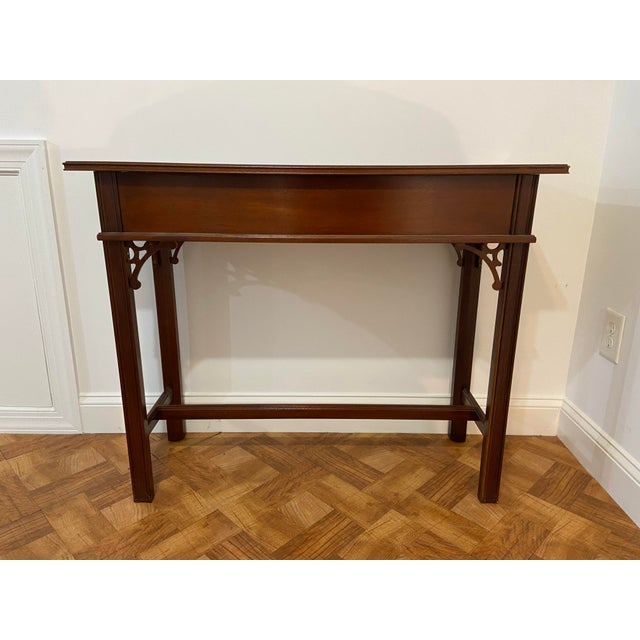 Wood Vintage Late 20th Century Councill Hall Table With ChippendaleFretwork Trim and Banded Mahogany Top For Sale - Image 7 of 8